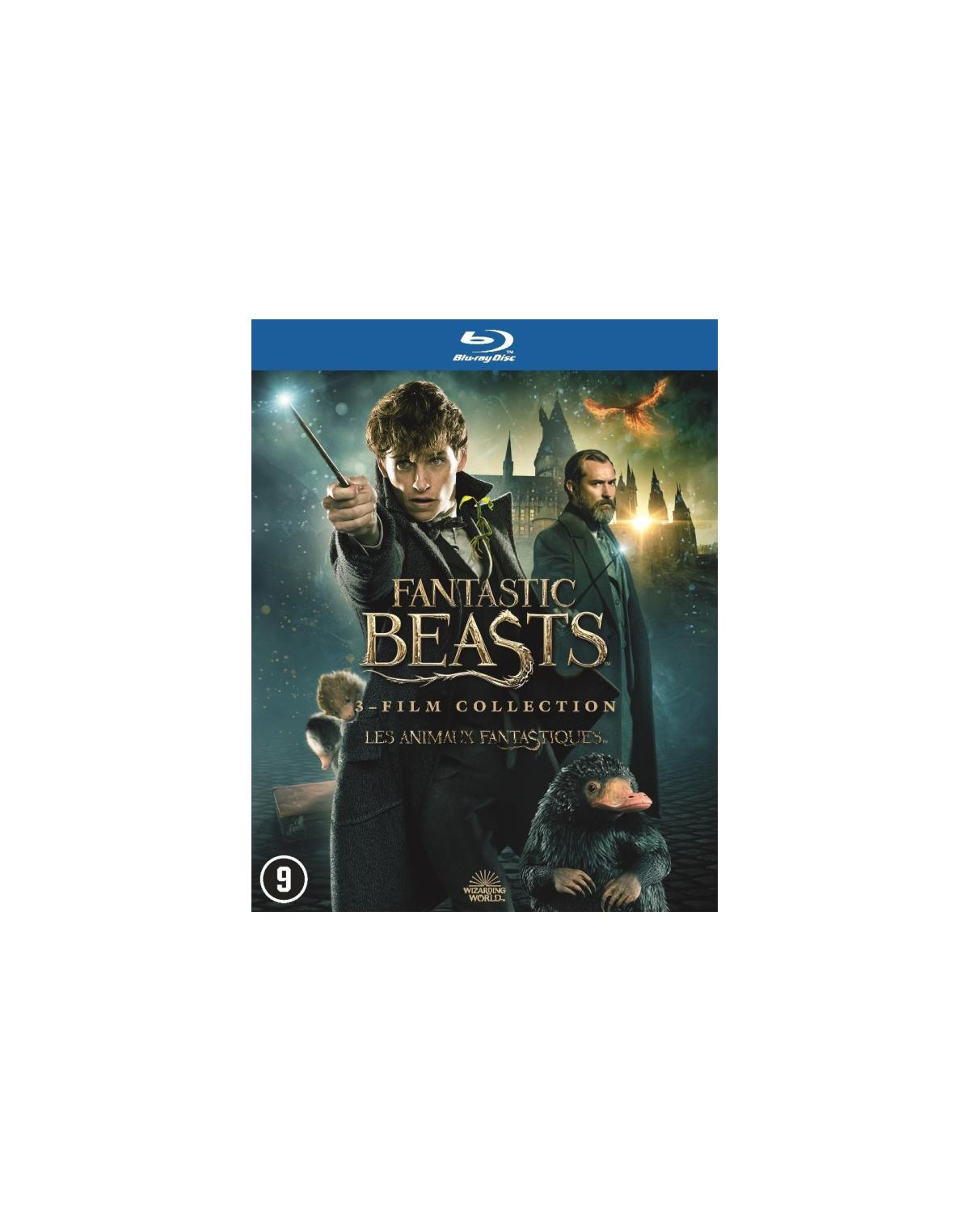 Blu-ray-hoes voor 'Fantastic Beasts'. Een man wijst met een toverstaf. Een wezen onderaan. Titel in het midden.