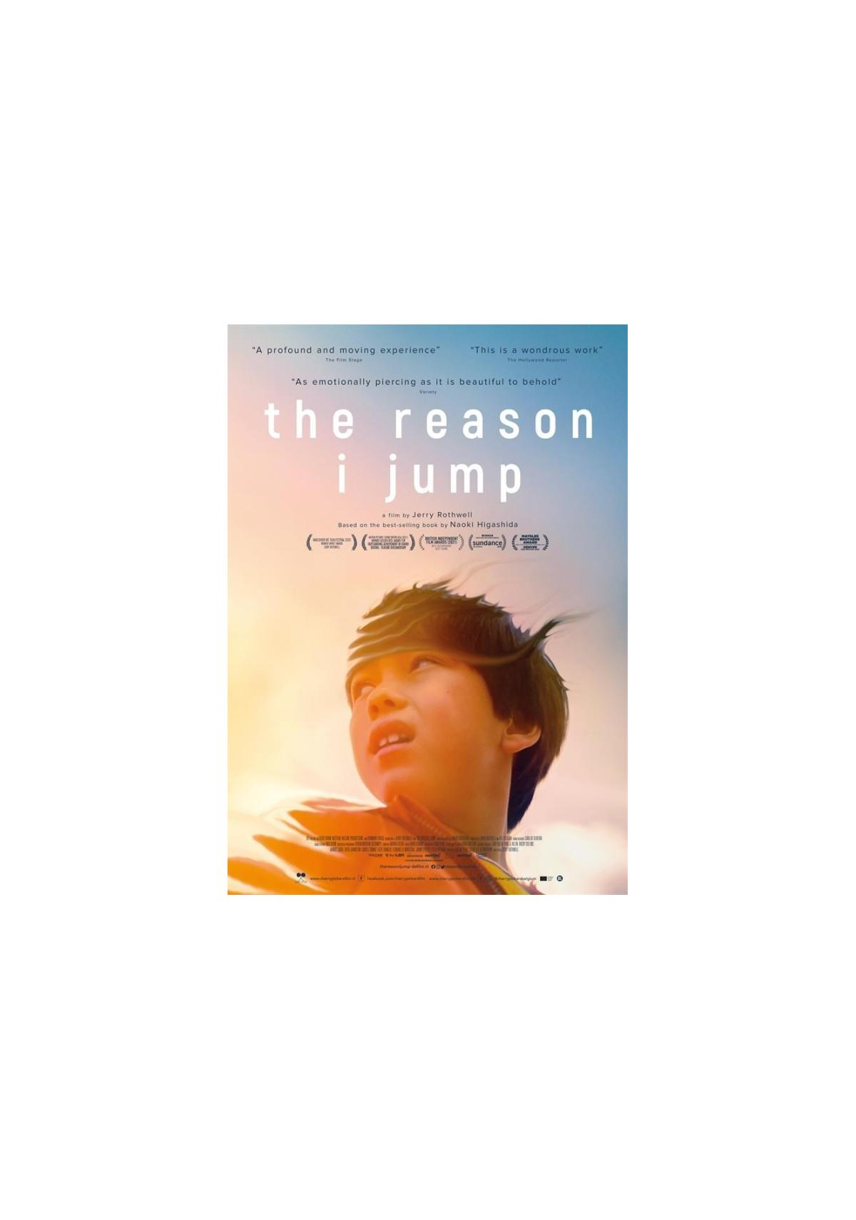 Affiche de film : Un garçon regardant vers le haut, intitulé 'The Reason I Jump'.