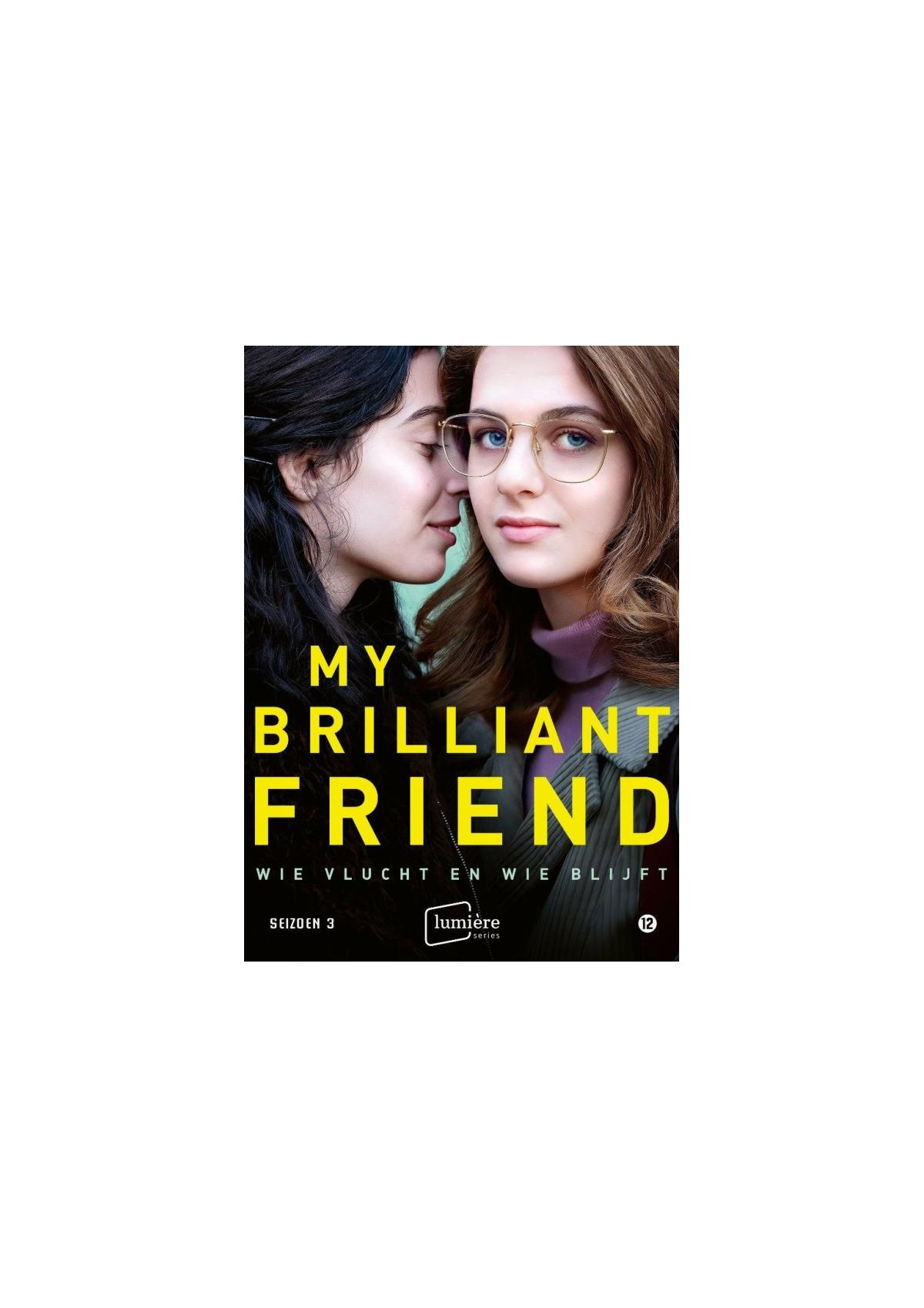 DVD-hoes met twee vrouwen, waarvan één fluistert. Tekst: My Brilliant Friend. Een warme, uitnodigende scène.