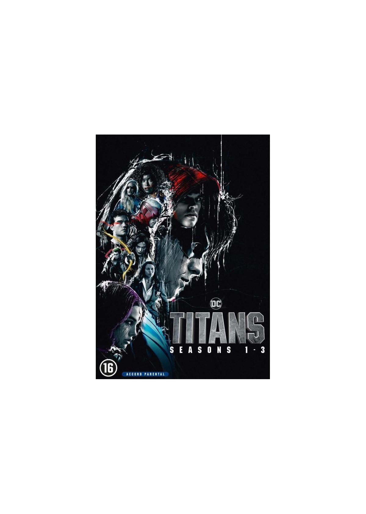 Blu-ray cover. Groep gezichten. Titel: Titans Seizoenen 1-3.