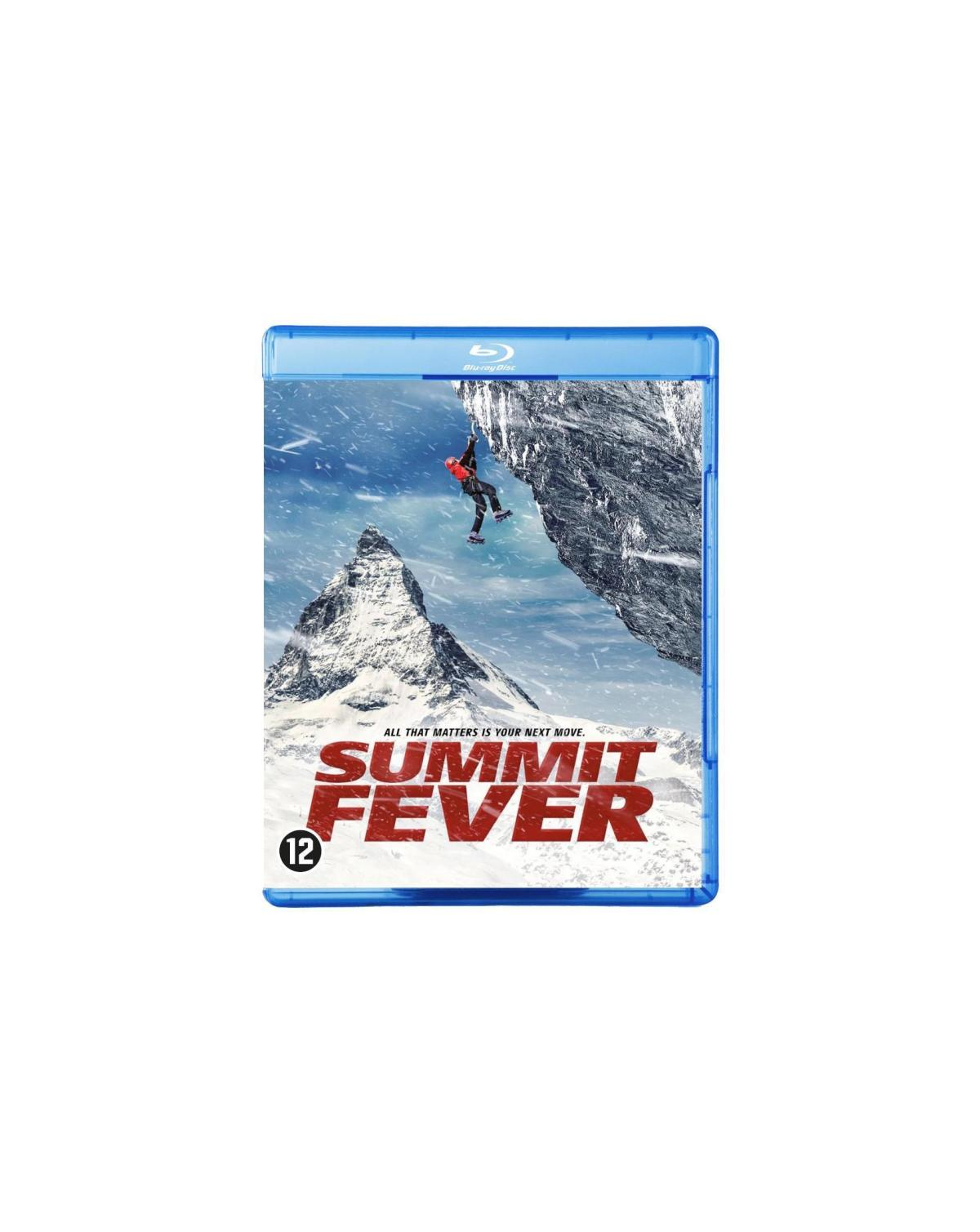Blu-ray cover voor Summit Fever. Een persoon beklimt een besneeuwde berg. Witte en blauwe kleuren.