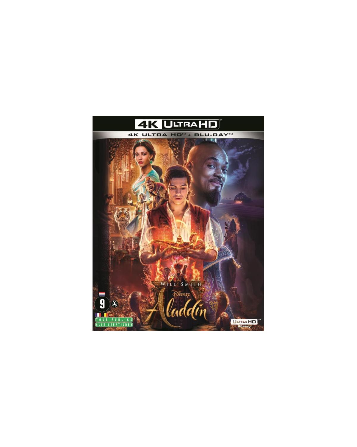 Filmposter: Aladdin, Aladdin met een magische lamp, prinses en Will Smith op de achtergrond.