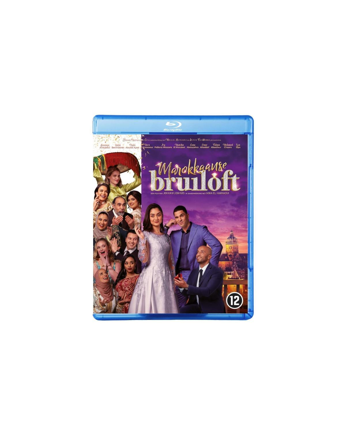 Filmposter toont een bruid en bruidegom, een menigte en tekst op een paarse achtergrond.