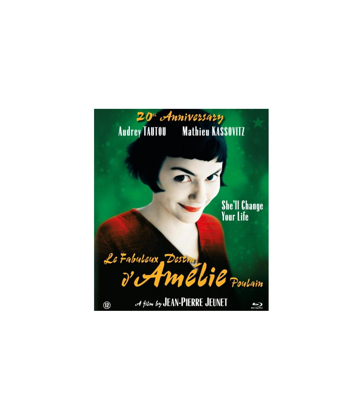 Affiche du film Amélie. Femme aux cheveux courts et foncés, haut rouge, fond vert.