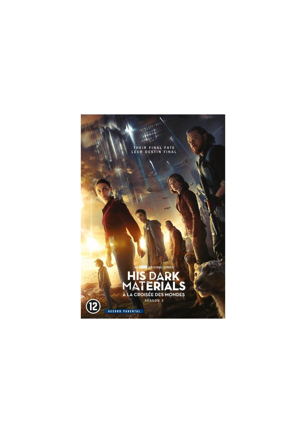 DVD-hoes van een groep mensen. Titel: His Dark Materials. Een fantasiethema met een donkere achtergrond.