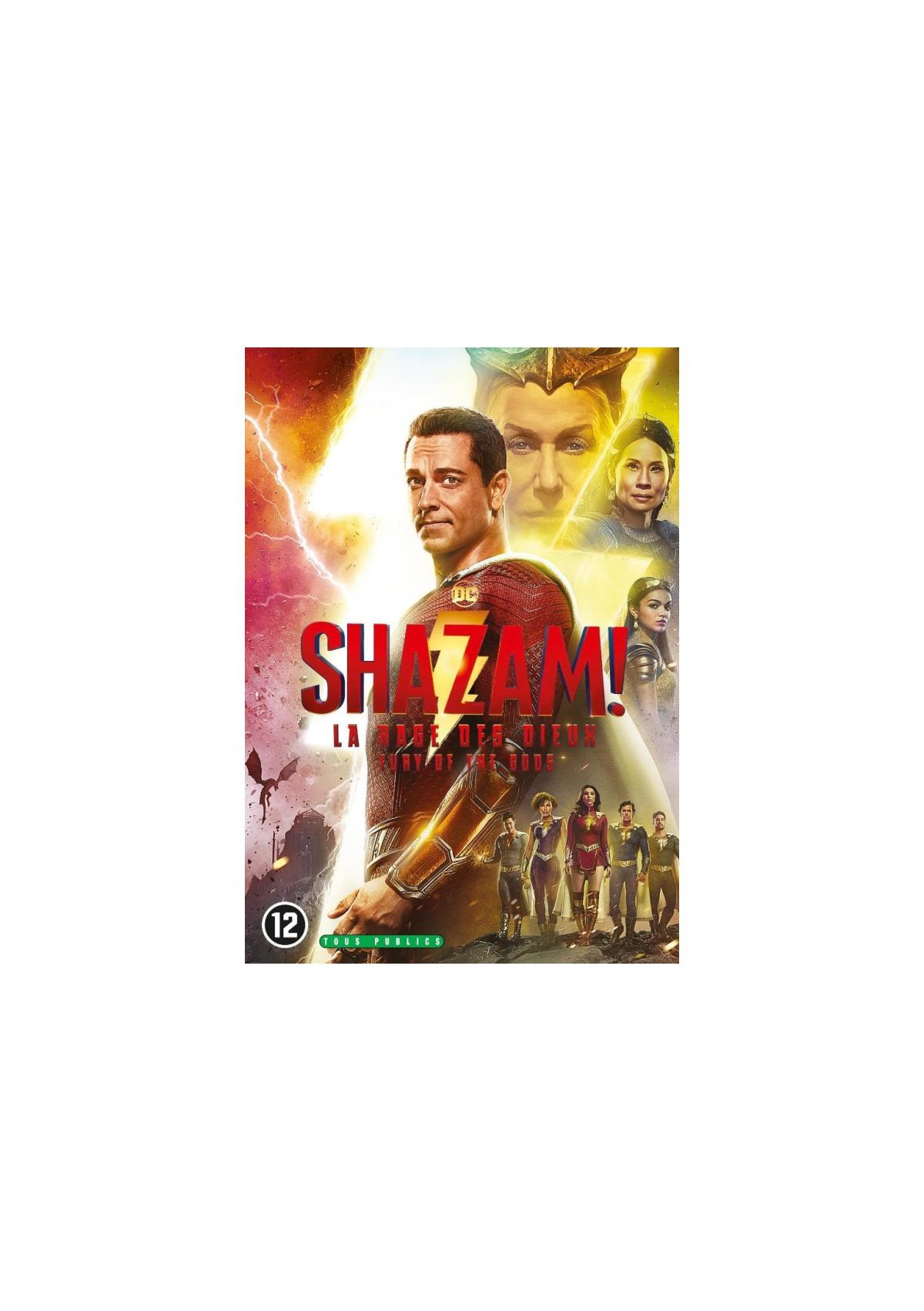 Couverture du DVD Shazam !, super-héros en rouge avec plusieurs personnes.