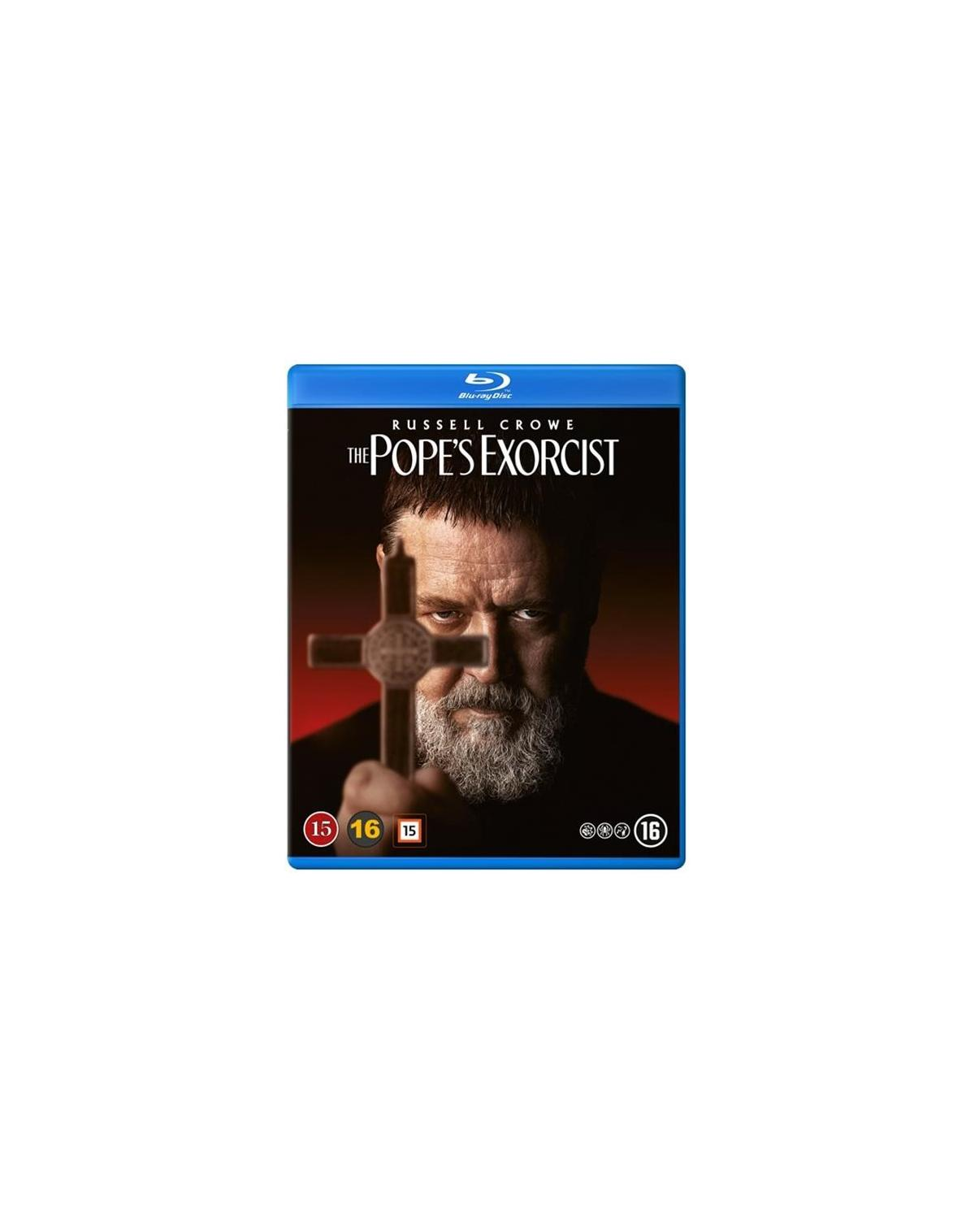 Filmcover 'The Pope's Exorcist'. Russell Crowe houdt een kruis vast. De titel heeft een rood en wit lettertype.