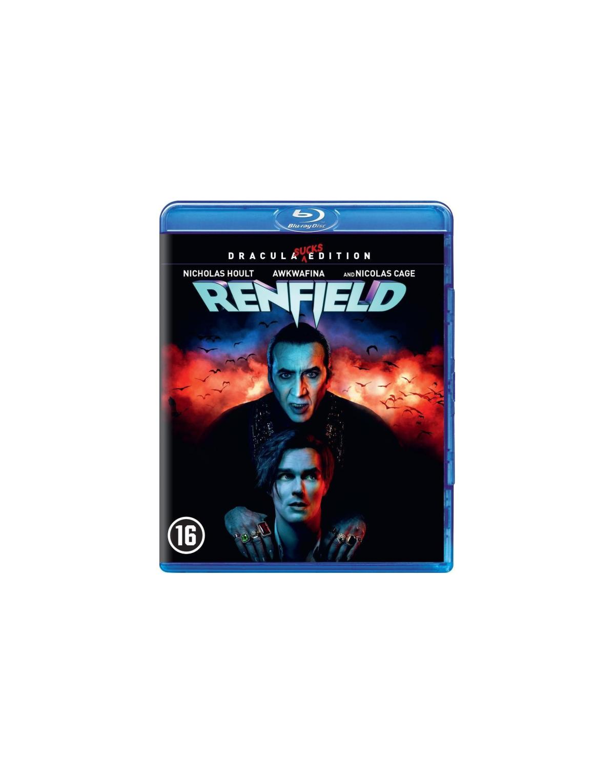 Couverture du DVD de Renfield. Nicolas Cage en Dracula et un autre homme, avec le titre du film.