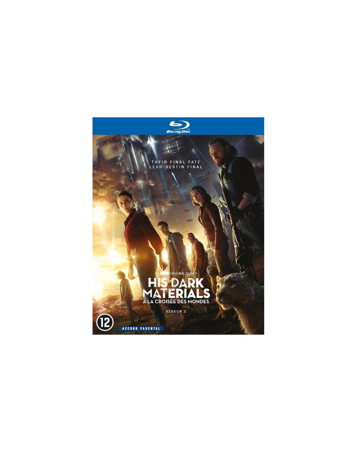 Blu-ray cover voor 'His Dark Materials'. Er staan meerdere figuren op de cover, met een leeuwachtig dier rechtsonder.