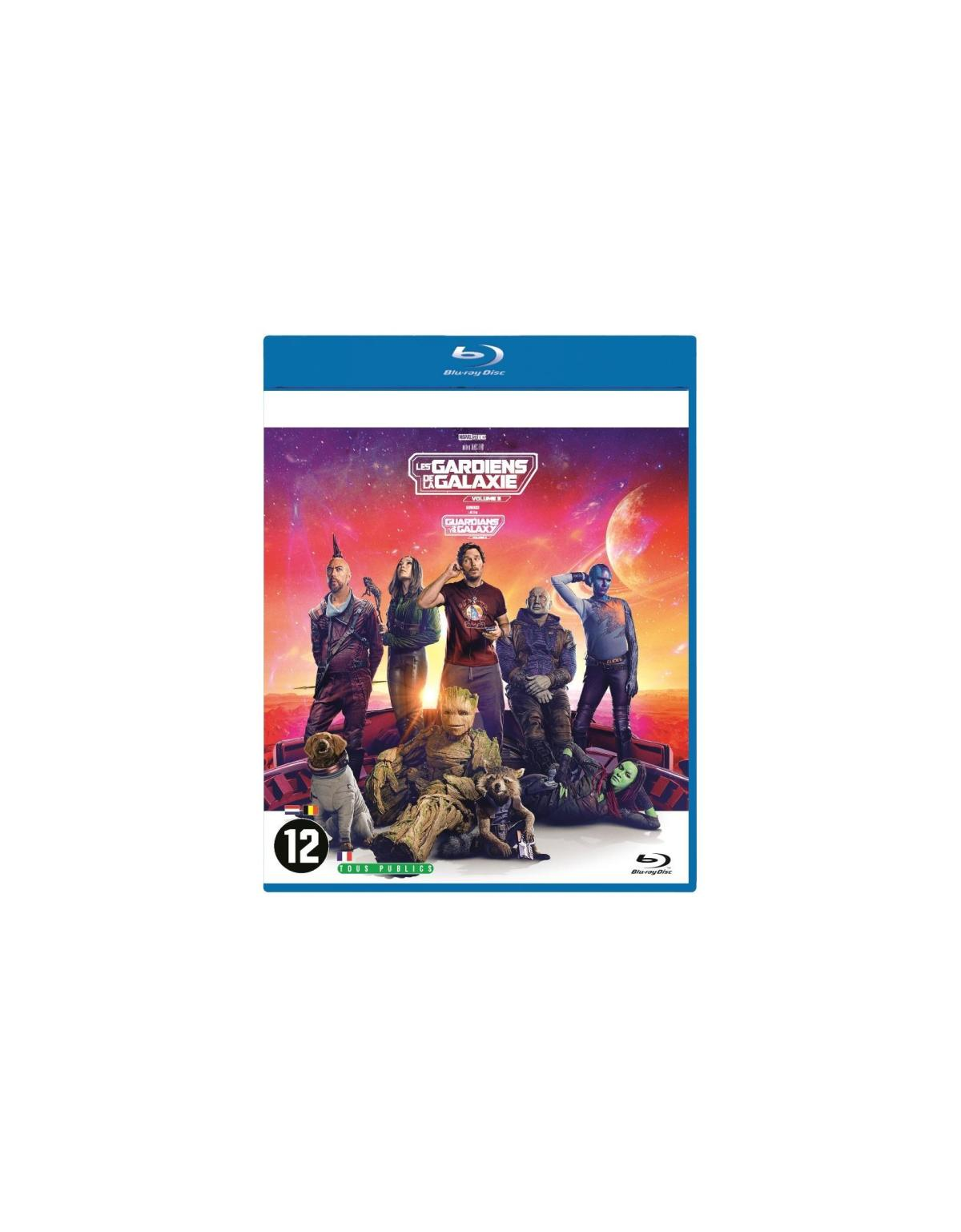 Guardians of the Galaxy Vol. 3 movie cover. Features the Guardians. A dog is also present. Blu-ray disc.