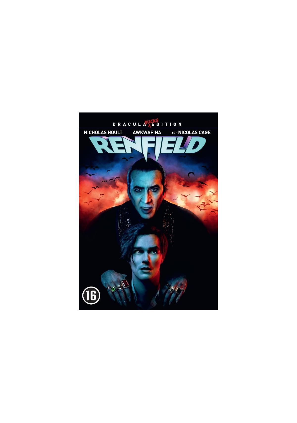Affiche de film avec Nicholas Hoult et Nicolas Cage, intitulée Renfield, et un thème de vampire.
