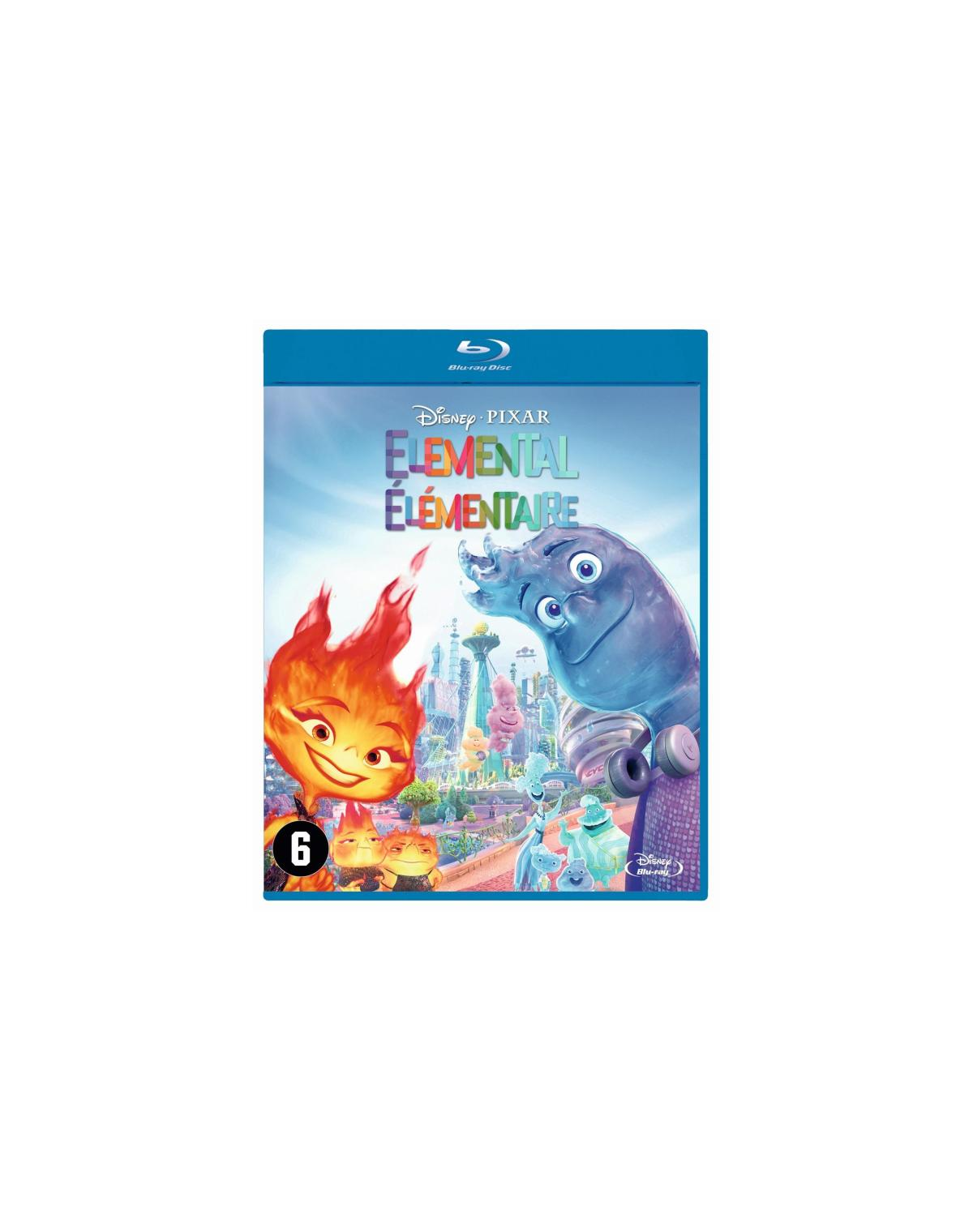 Movie cover, two cartoon characters: a fire and a water creature, title 'ELEMENTAIRE'.