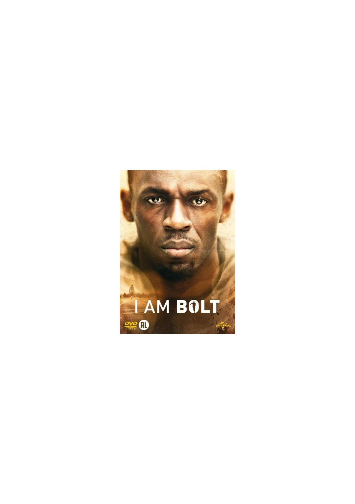 Couverture DVD pour 'I Am Bolt'. Une image en gros plan du visage d'Usain Bolt est sur la couverture.