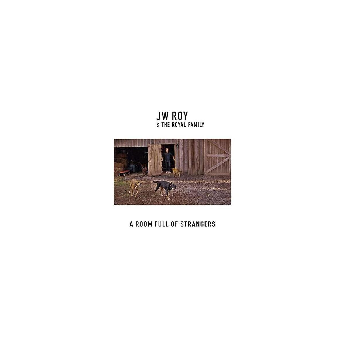 Albumhoes: Een schuur met een man en honden. Titel: A Room Full of Strangers.