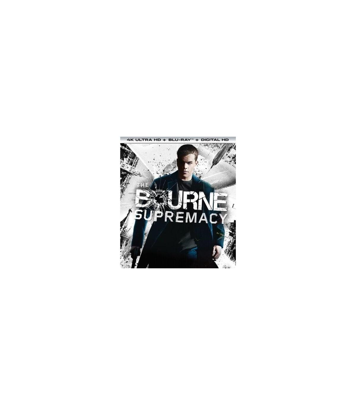 Couverture de film. Un homme en manteau noir sur fond blanc. Le titre est 'The Bourne Supremacy'.