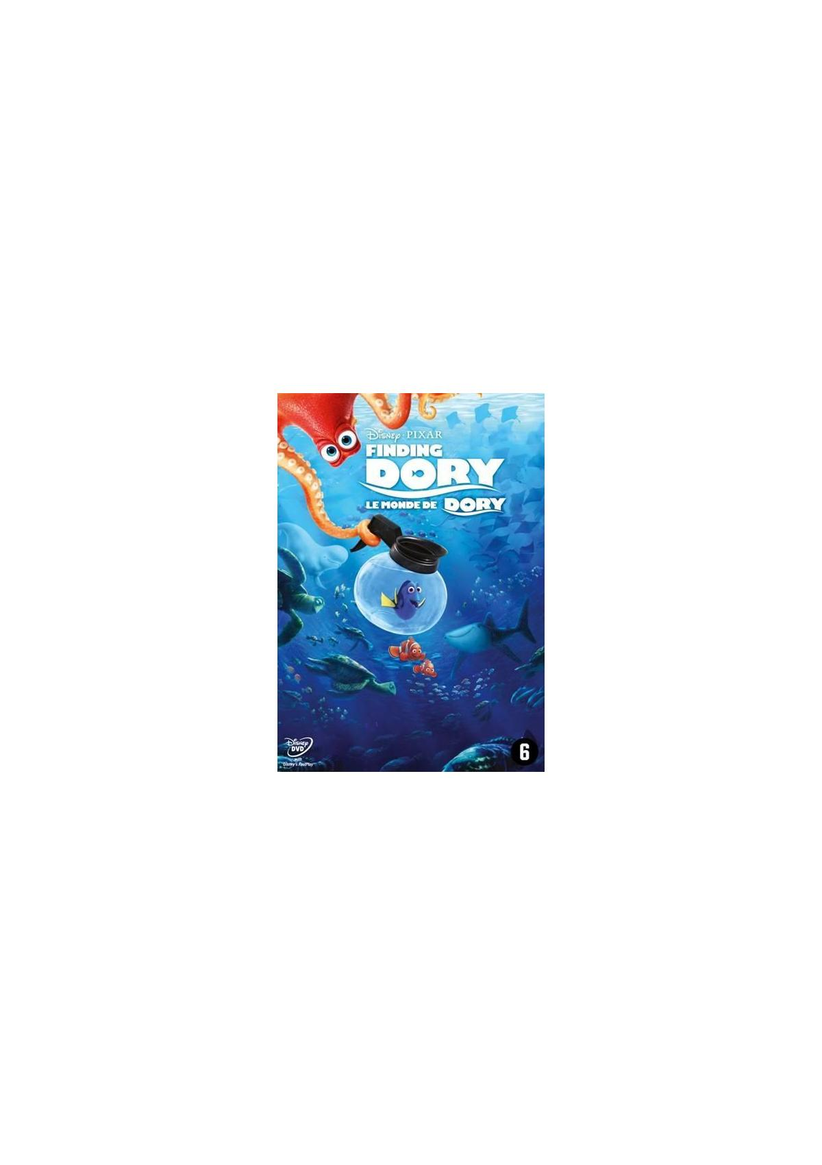 Couverture de film. Un poisson dans un bocal en verre. Le titre est 'Le Monde de Dory' en français.