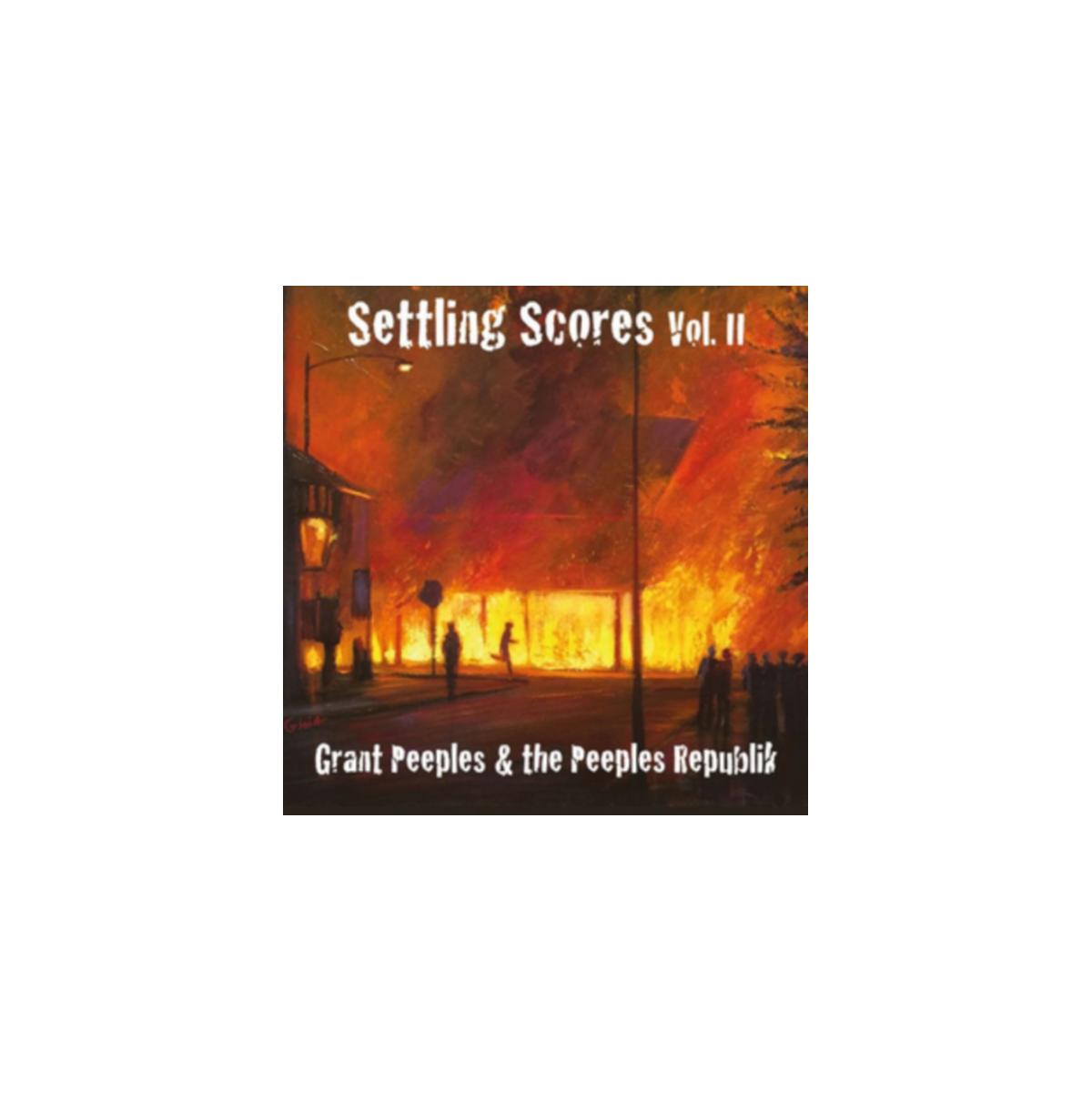 Pochette d'album avec fond flamboyant, silhouettes et texte : Settling Scores Vol. II, Grant Peeples.