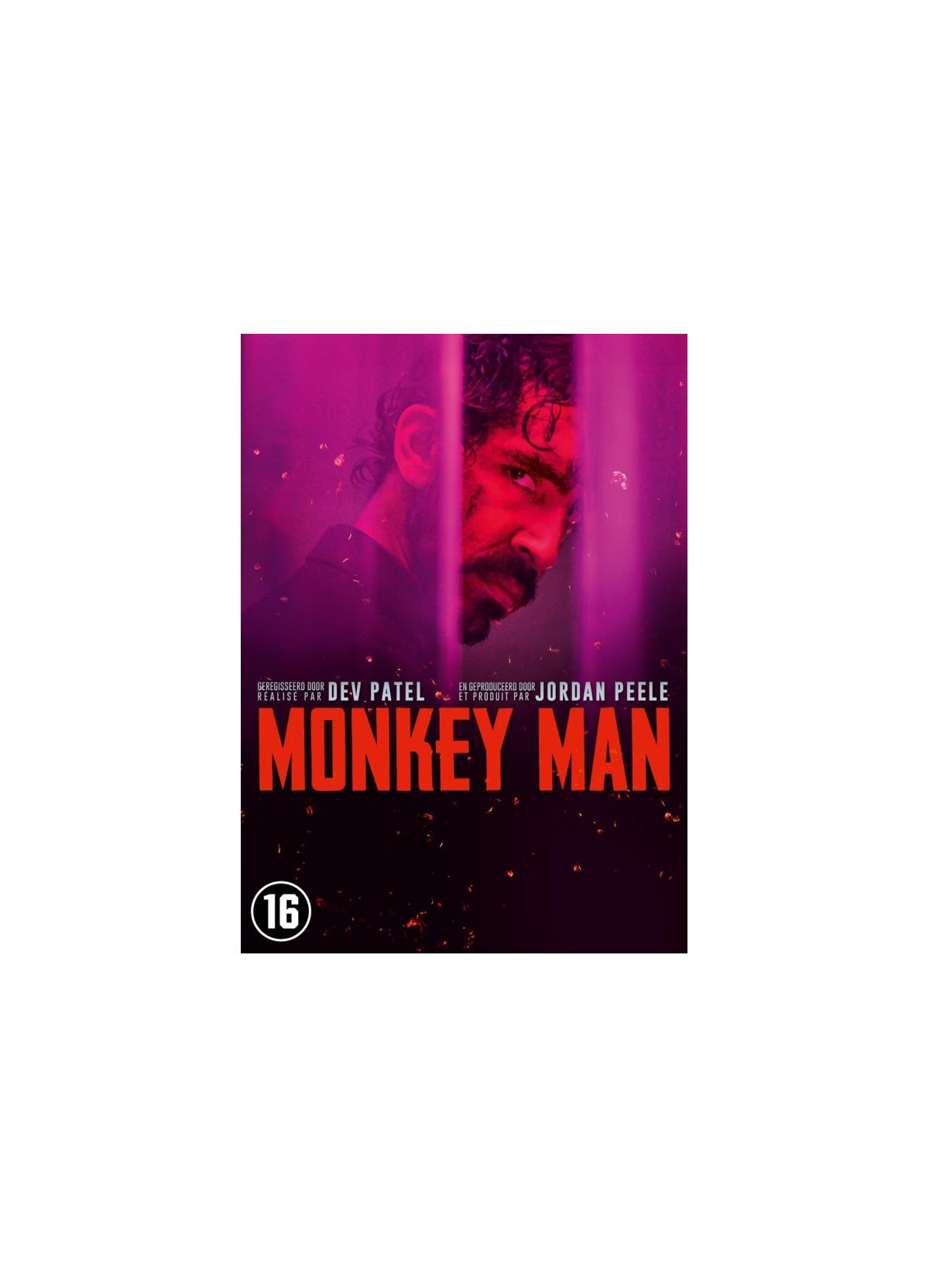 Affiche de film : Un homme regardant par-dessus son épaule. Le titre est 'Monkey Man'.