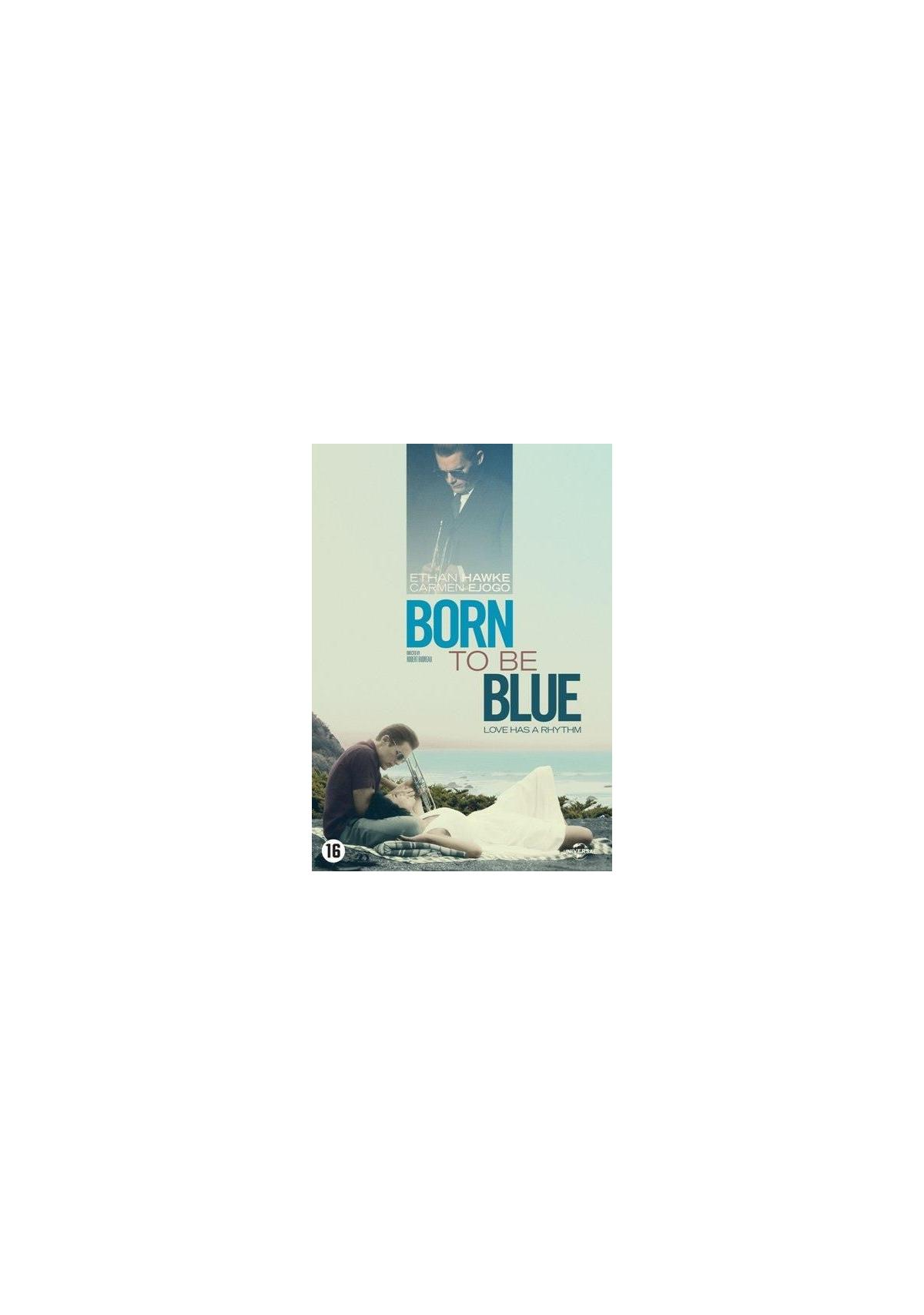 DVD-hoes van 'Born to Be Blue'. Een man en een vrouw op het strand.
