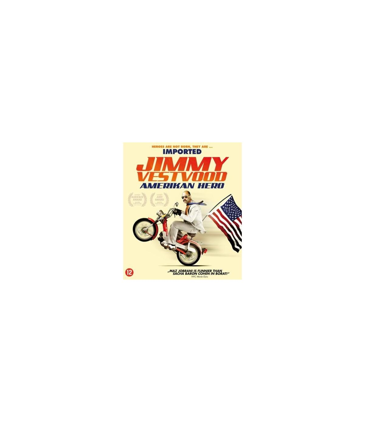 Couverture de film : Homme en moto avec drapeau américain, titre « Imported Jimmy Vestvood Amerikan Hero ».