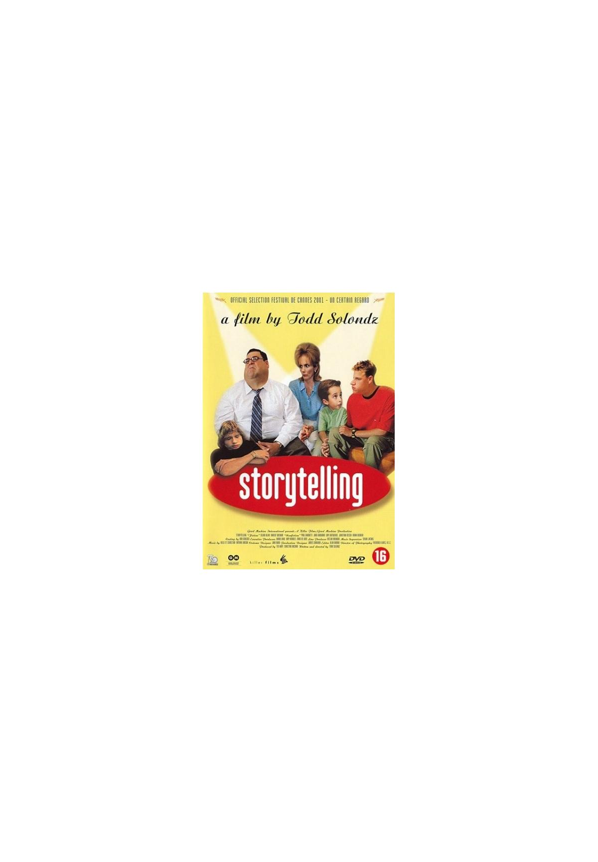 Filmposter met een gezin, titel luidt 'Storytelling'.  16 jaar en ouder.