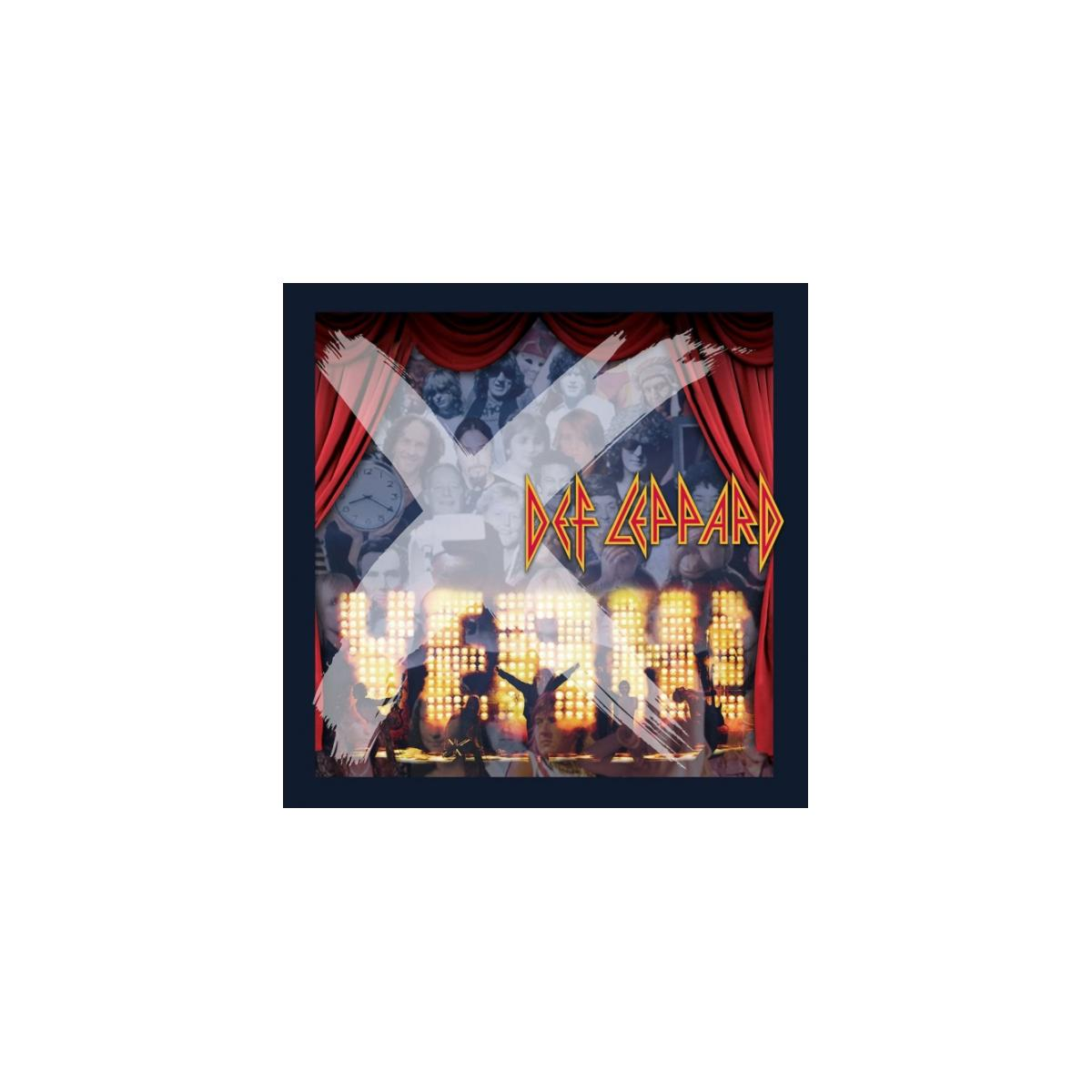 Def Leppard Hysteria albumhoes. Een rood gordijn en een witte X over de band.