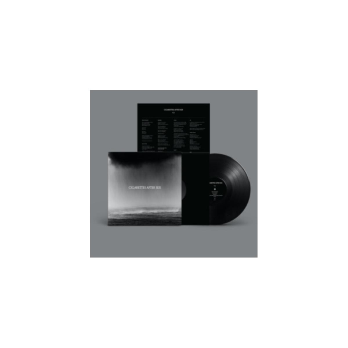 Albumhoes met een zwart-wit foto van een zee en een zwarte vinylplaat rechts.