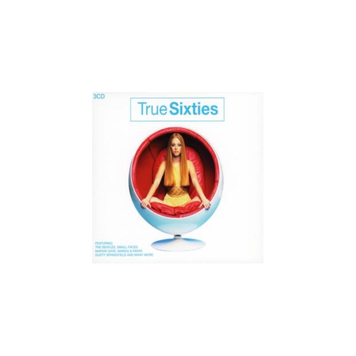 Een vrouw zit in een rode en blauwe stoel. De albumtitel "True Sixties" staat bovenaan.
