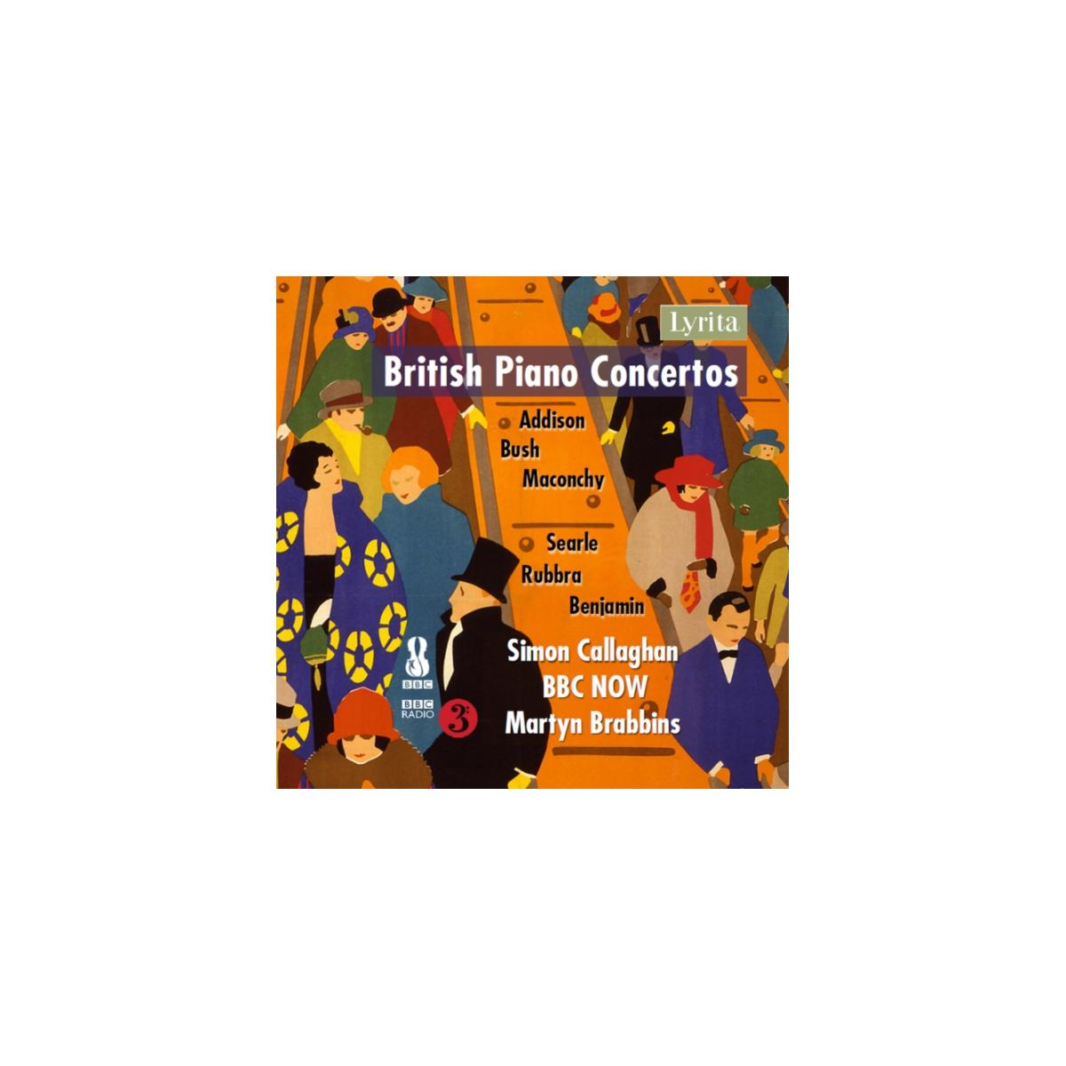 Image : Pochette d'album. Des gens dans la foule et les mots 'British Piano Concertos' sont écrits.