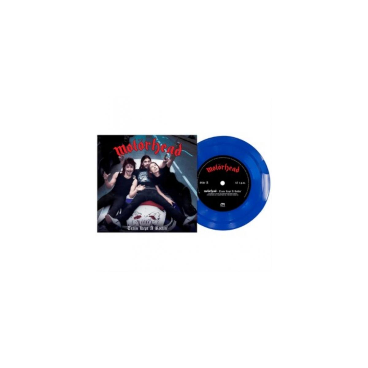 Pochette d'album : Membres du groupe allongés avec un disque vinyle bleu. Les mots "MOTORHEAD" et "Train Kept a Rollin'"."