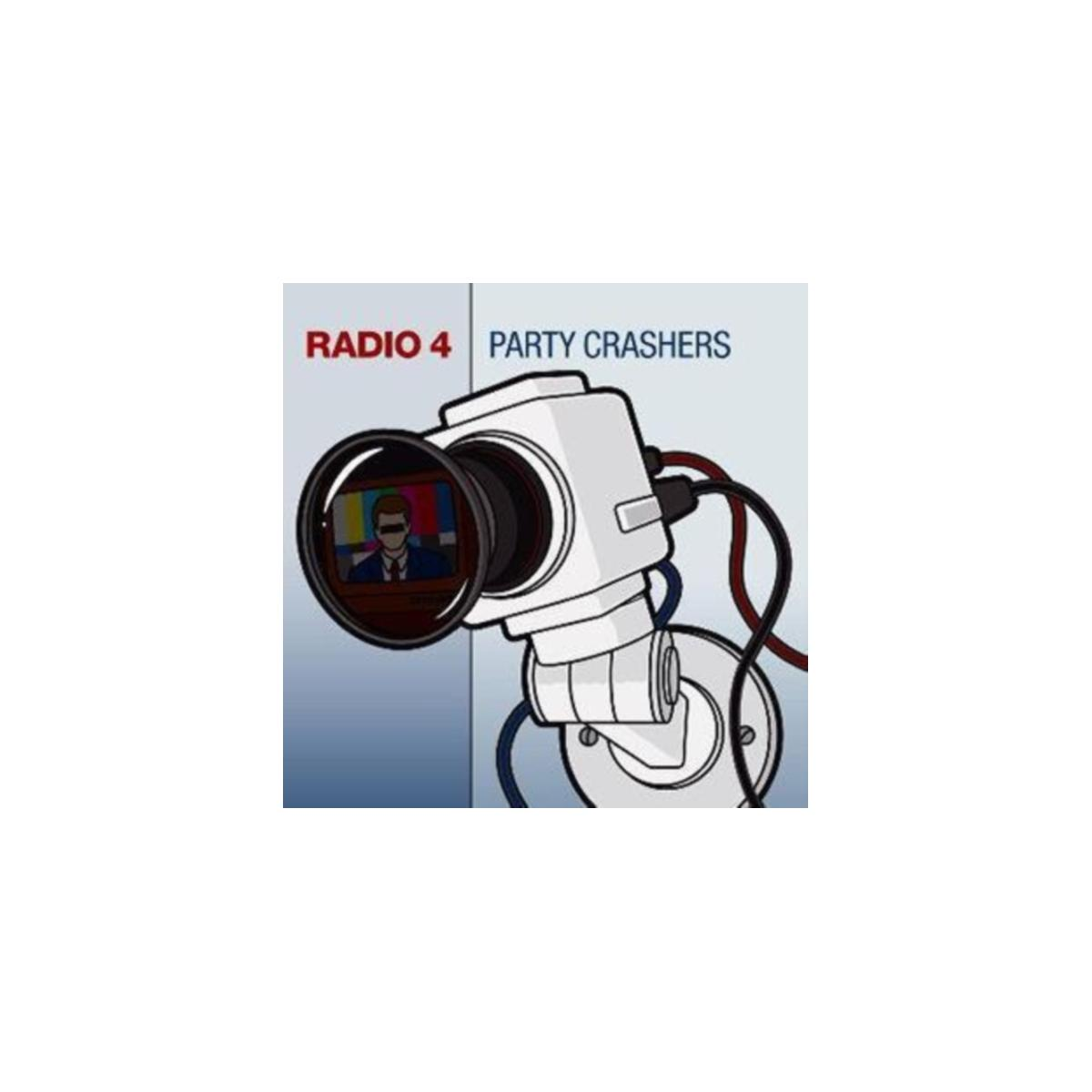 Pochette d'album avec une caméra de sécurité. Texte : 'RADIO 4 PARTY CRASHERS'. Une personne sur le moniteur.