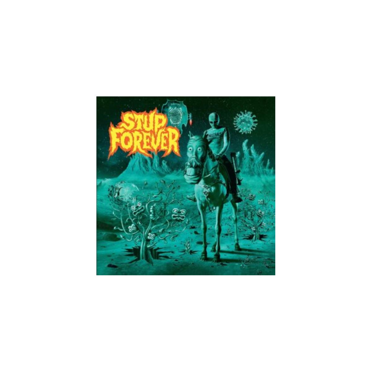Copertina dell'album: Figura che cavalca un cavallo con un volto di scheletro. Titolo: Stupid Forever.