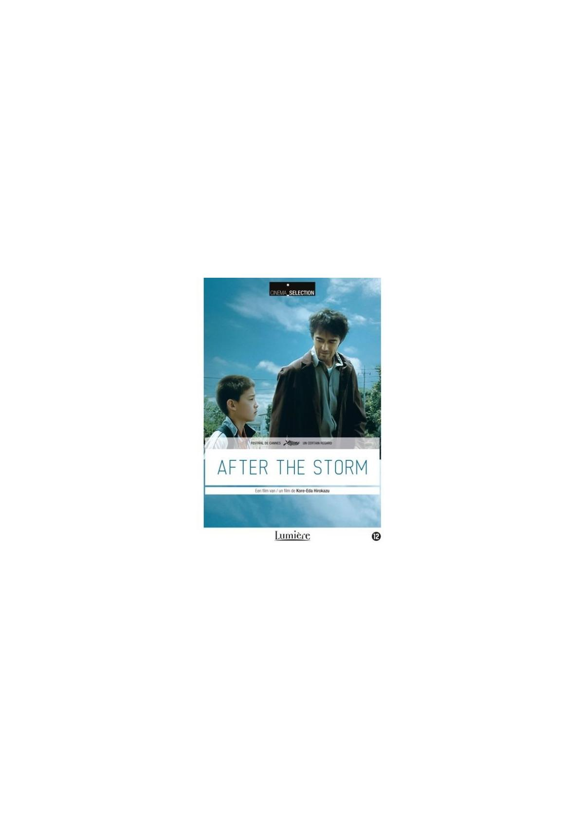 Filmposter. Twee mannen, een jongen en tekst: AFTER THE STORM. Onder: Lumière.