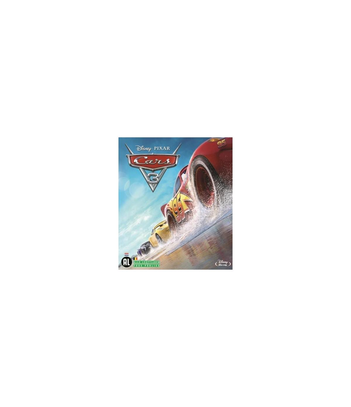 Cars 3 DVD-hoes. Drie raceauto's racen op een baan, met de titel en Disney Pixar-logo's.