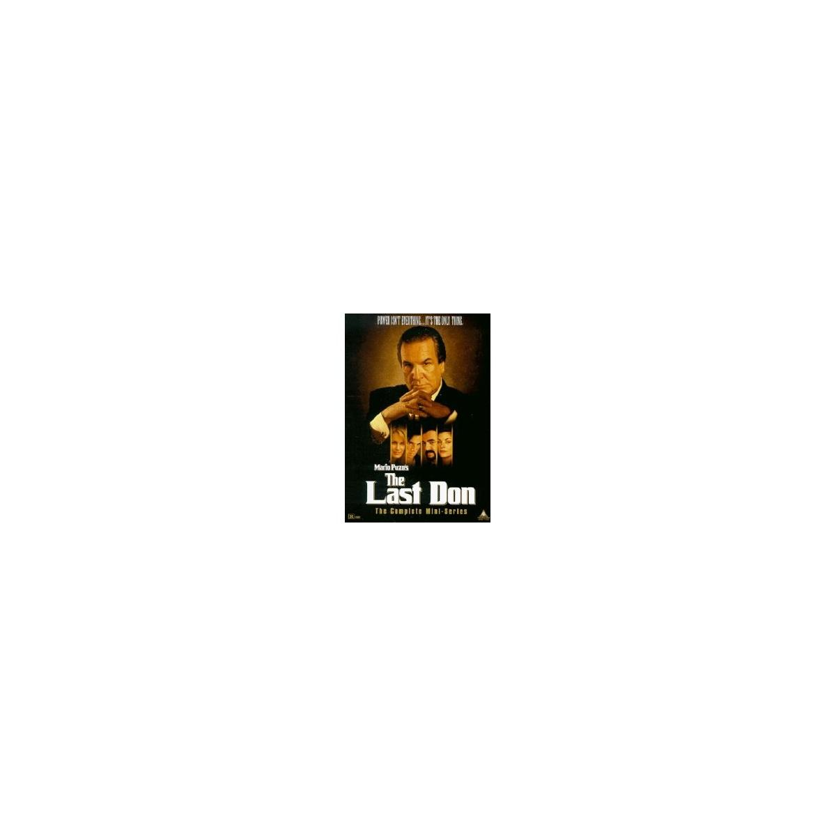 Filmposter: Een man met een serieuze uitdrukking met gezichten en de titel 'The Last Don'.