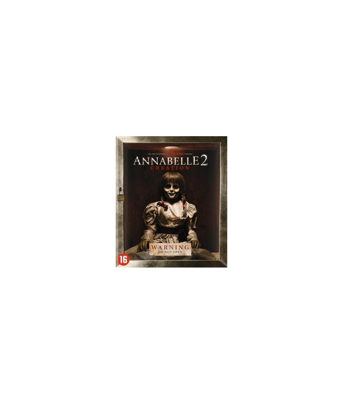 Filmposter: Annabelle-pop in een glazen kast, waarschuwingstekst.