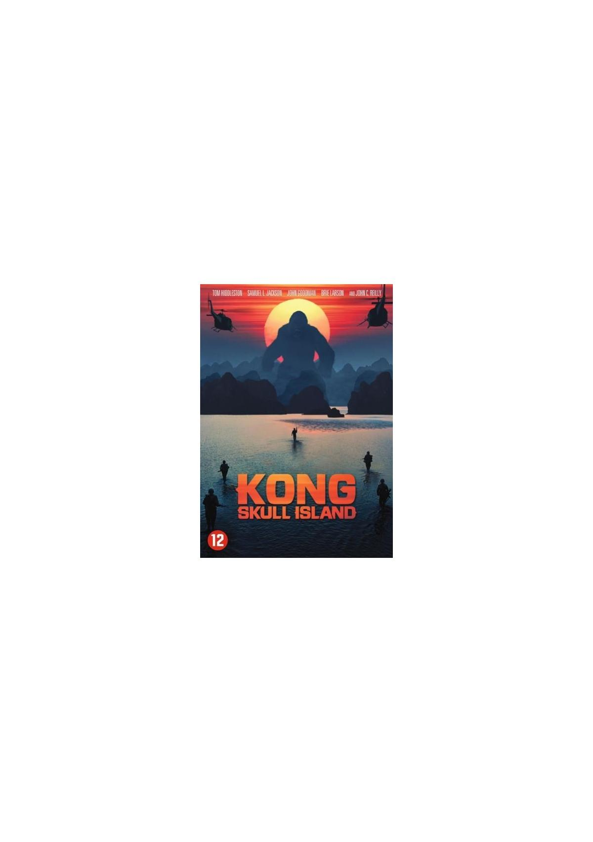 Filmposter met een gigantische aap op de achtergrond. Tekst: KONG SKULL ISLAND.