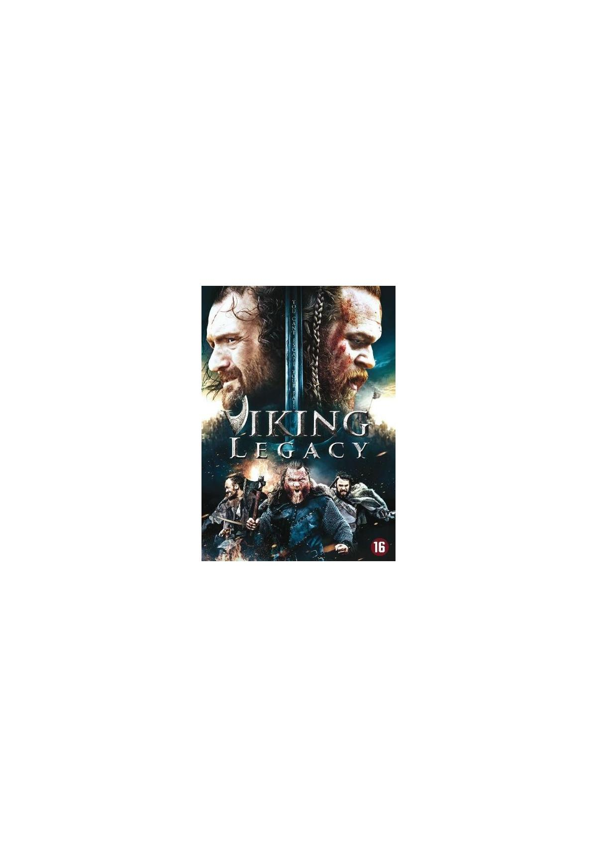 Poster voor de film "Viking Legacy". Toont gezichten van twee mannen, titel en een groep mannen met wapens op de achtergrond.
