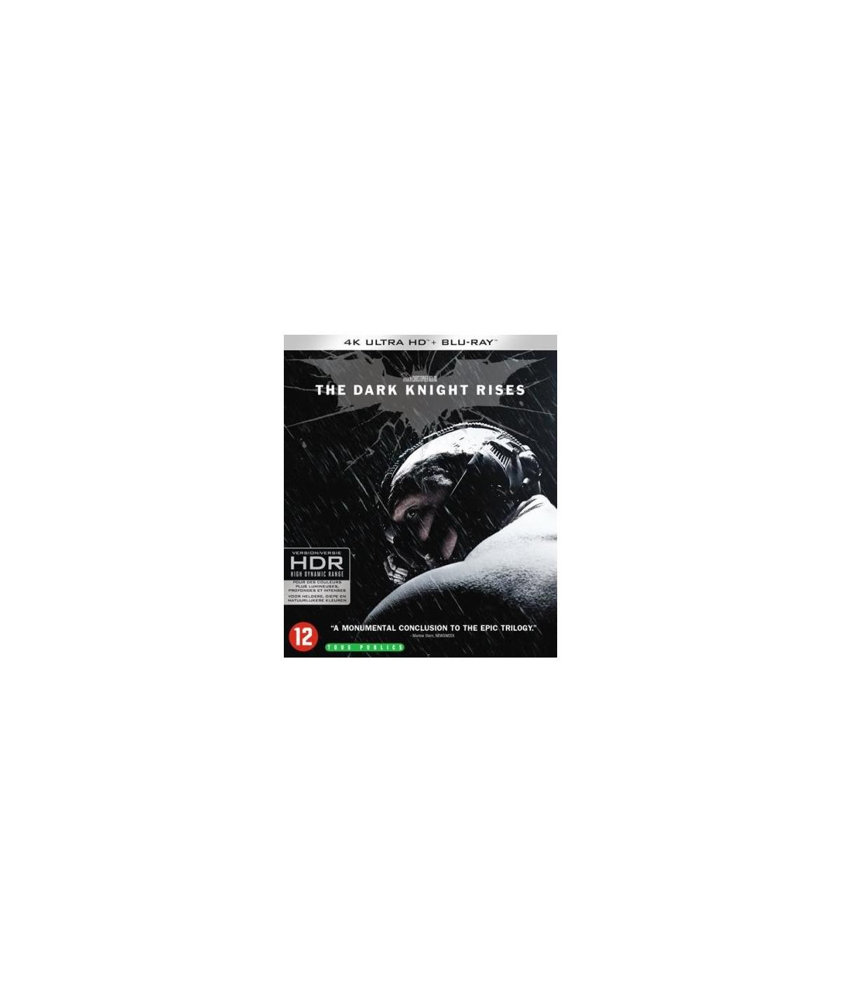Filmhoes, een man met een masker en een donkere achtergrond. Tekst: The Dark Knight Rises.