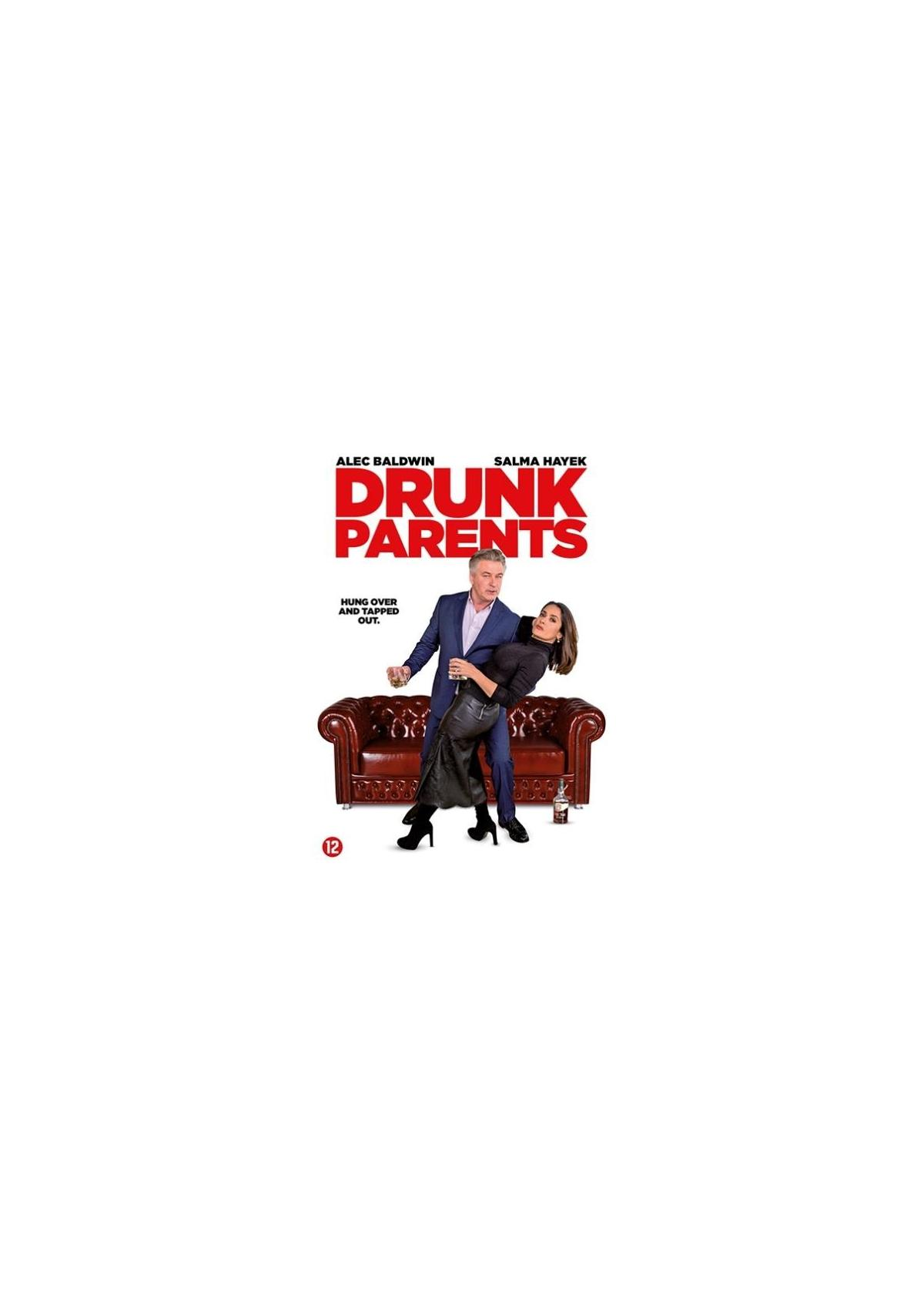 Affiche pour Drunk Parents. Alec Baldwin et Salma Hayek dans une pose ludique.