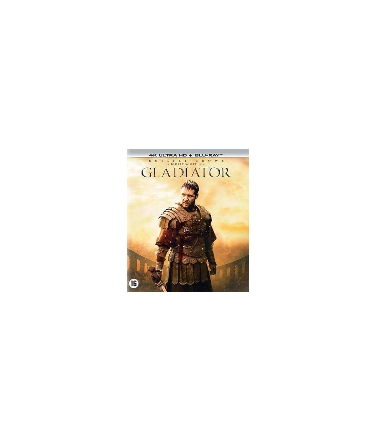 Couverture DVD de "Gladiator". Présente Russell Crowe en armure, avec titre et symbole de classification.