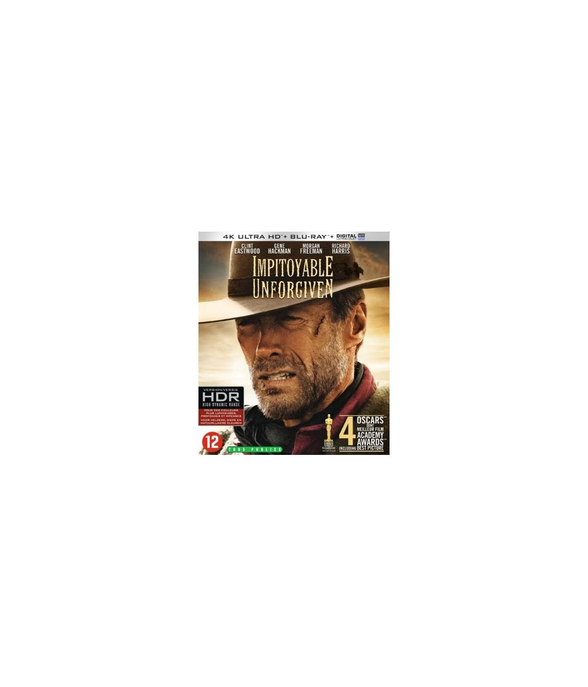 Filmcover: Impitoyable Unforgiven. Clint Eastwood, gezicht. Tekst bovenaan, HDR-label en leeftijdsclassificatie.