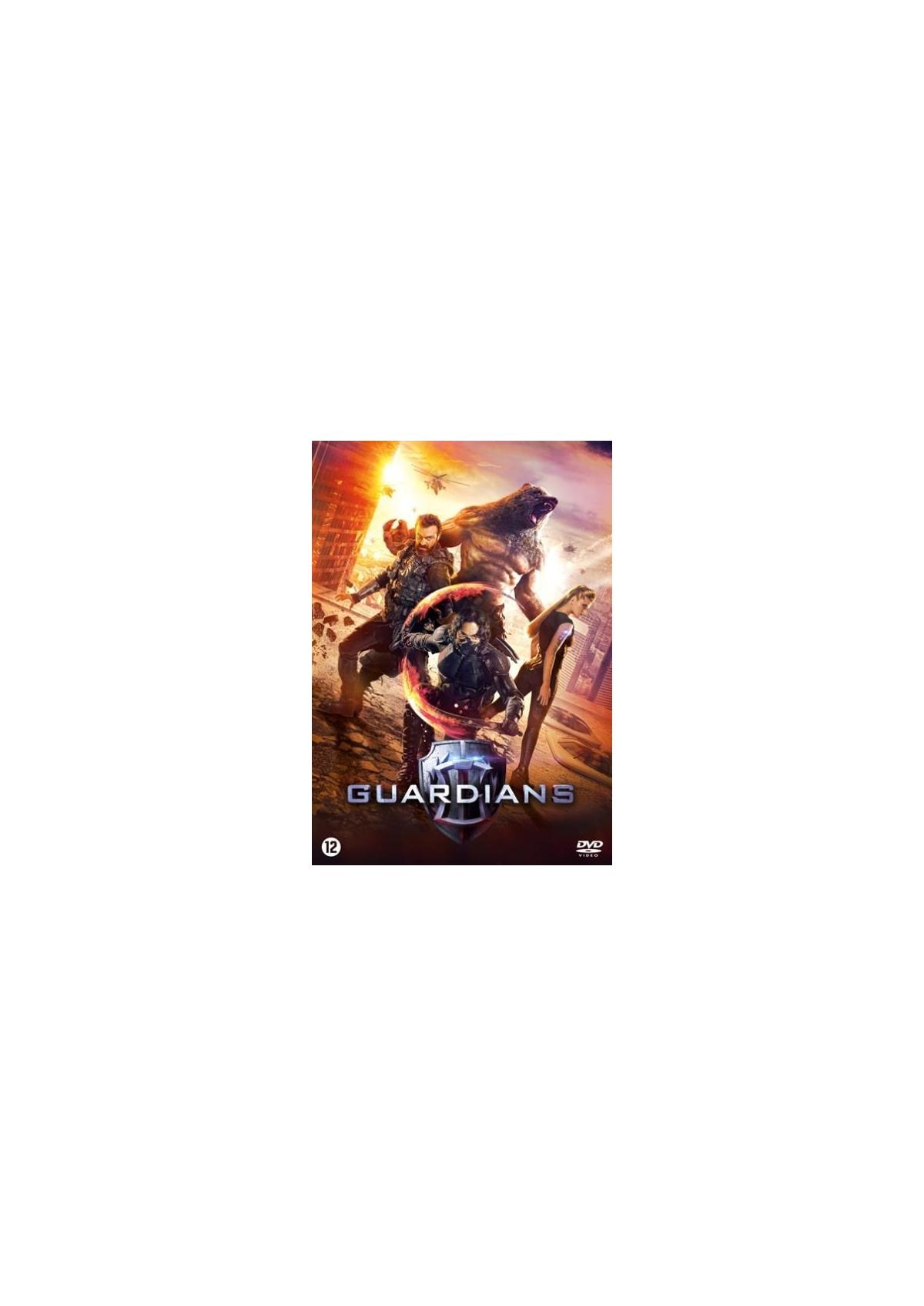 Couverture du film : Gardiens, groupe de personnages, une créature semblable à un ours et un fond de ville.
