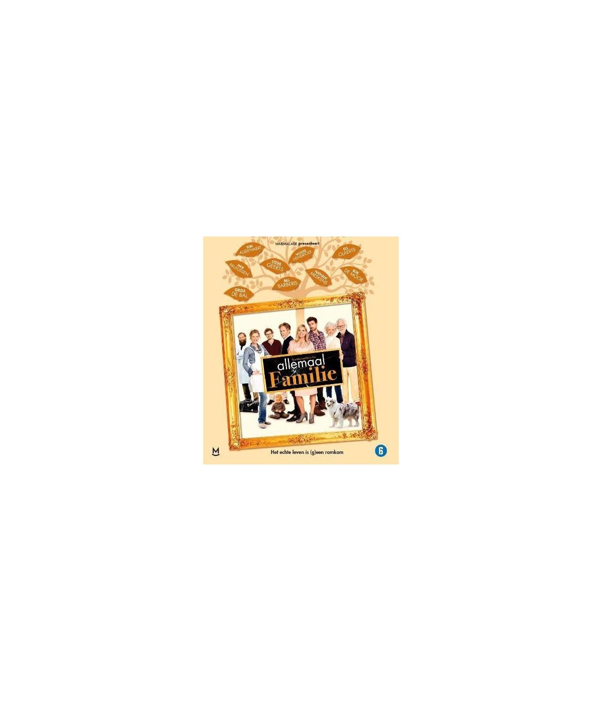 Filmposter met groep mensen, titel: Allemaal Familie, in een gouden kader met herfstbladeren.