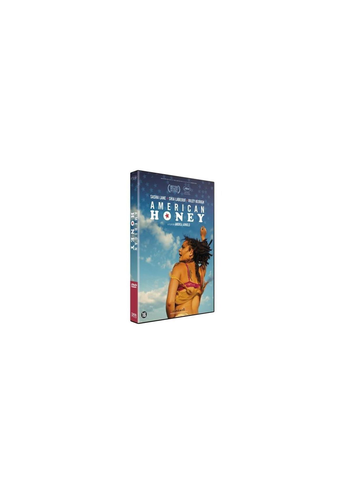 Couverture de film. Femme avec le bras levé. Texte: American Honey, avec noms d'acteurs.