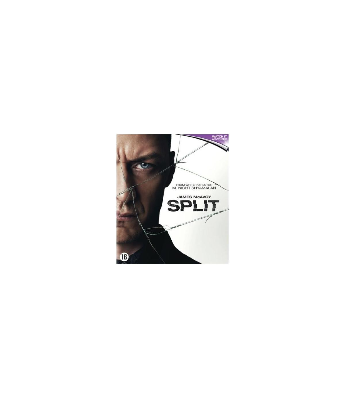 Affiche du film "Split" avec le visage fracturé d'un homme. Le texte est visible.