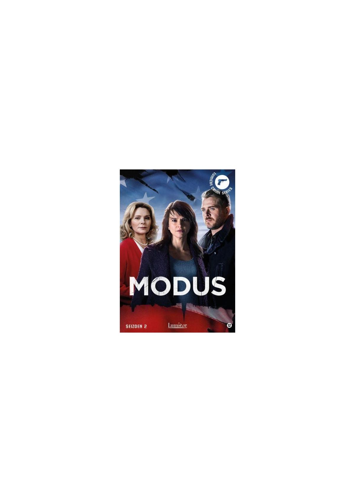DVD-hoes voor "Modus", met drie personen, de titel en een serielogo.
