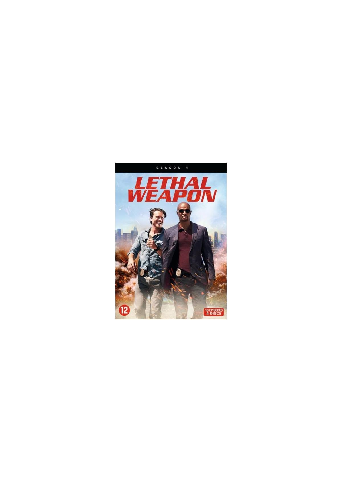 Couverture DVD de "Lethal Weapon", avec deux hommes, le titre et une ville en arrière-plan.