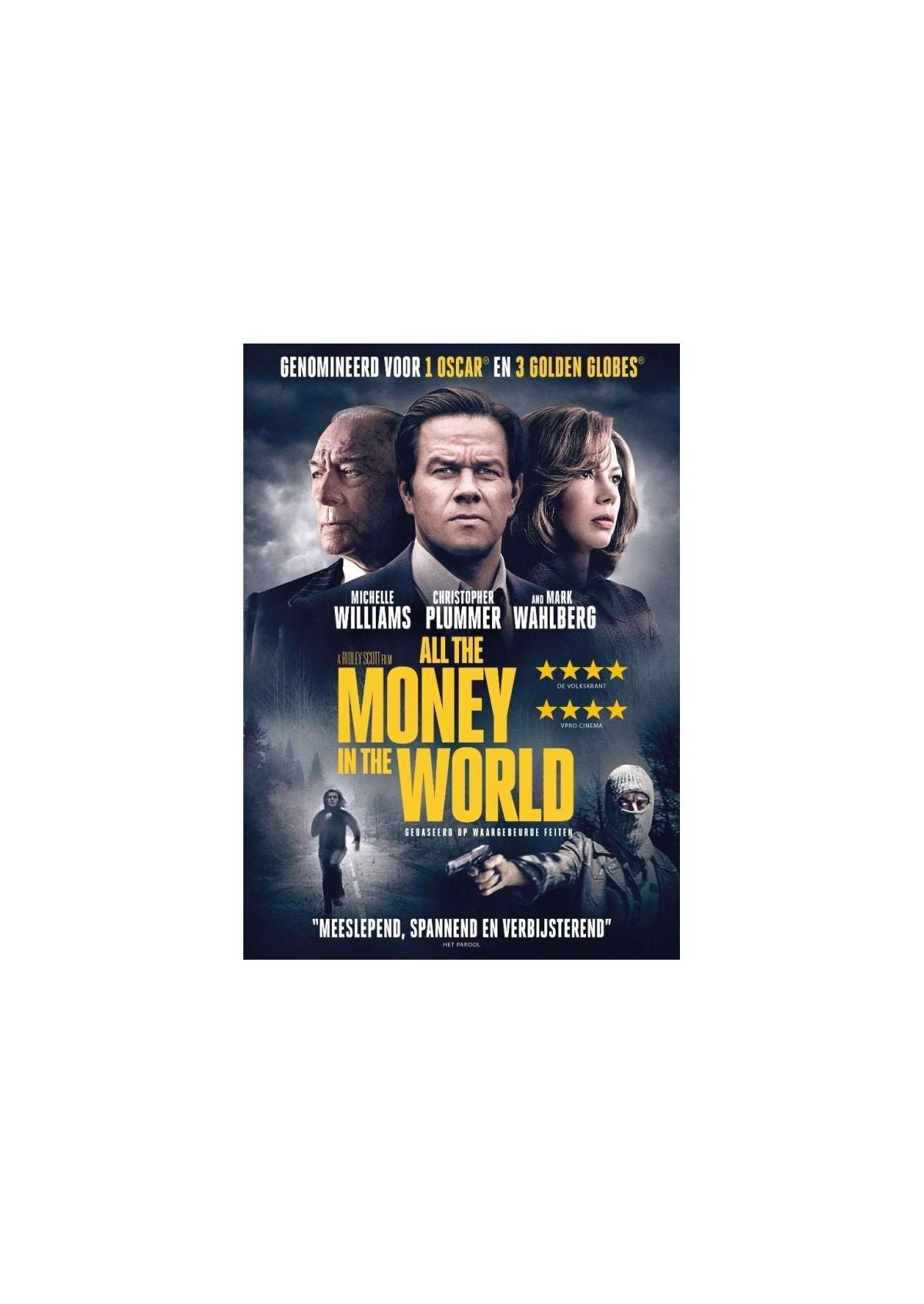 Affiche du film 'Tout l'argent du monde'. Trois acteurs avec un fond sombre. Une personne court.