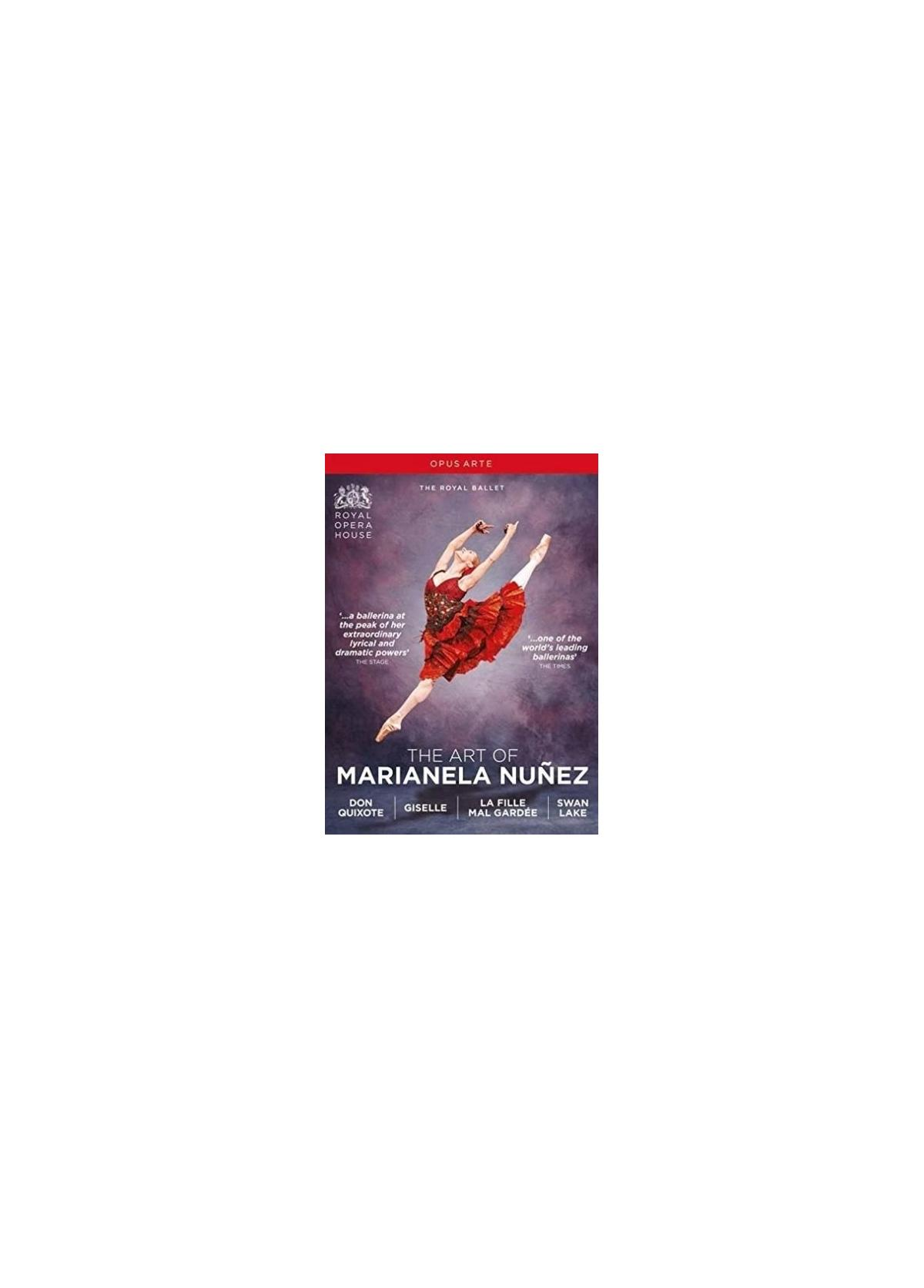 Balletposter: Ballerina in rode jurk springt, titel 'The Art of Marianela Núñez'.